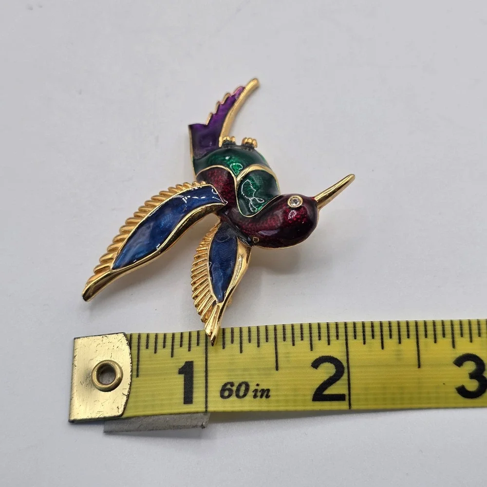Vintage Style Enamel Hummingbird Brooch Gold Tone Multicolor Bird Pin Unique